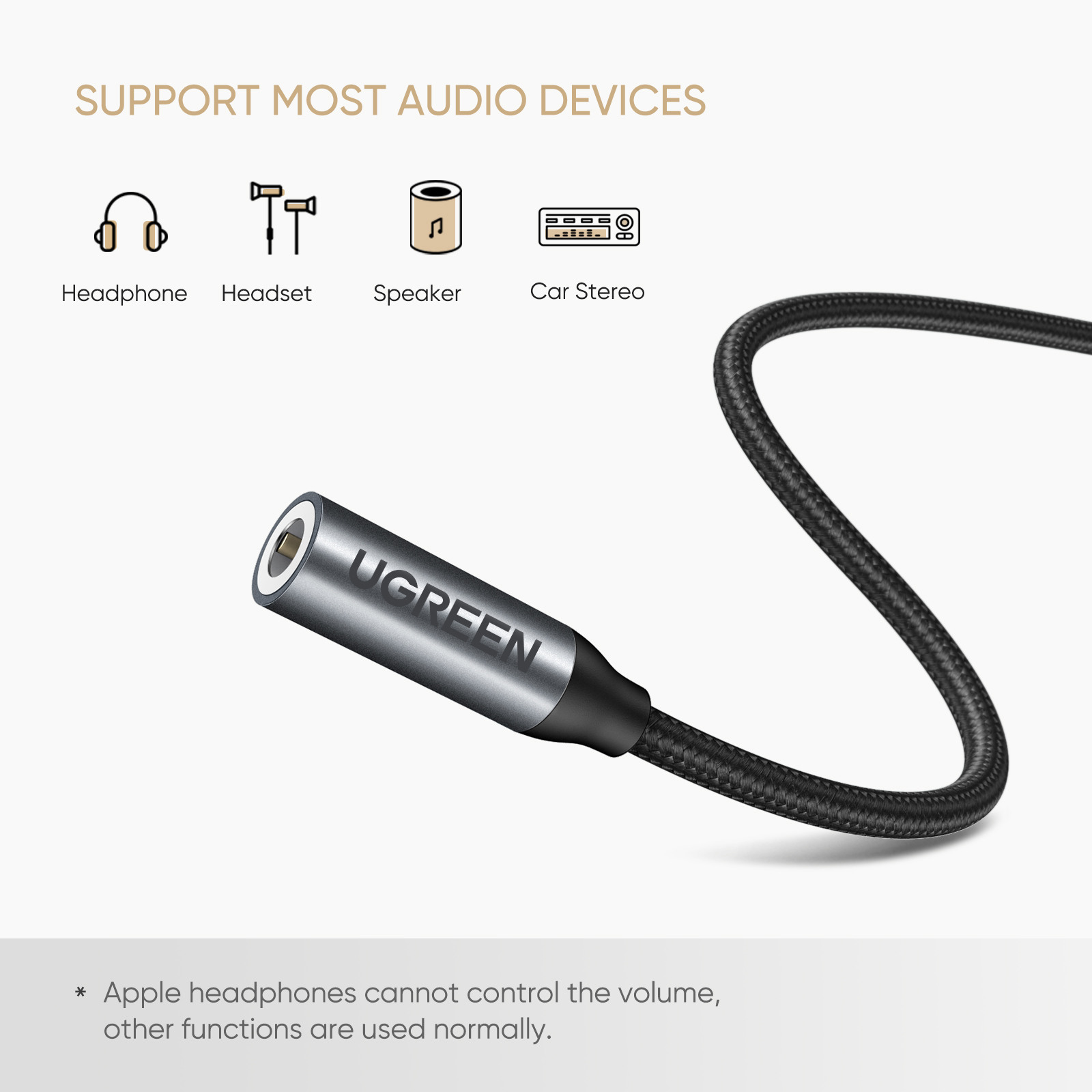 UGREEN USB-C to 3.5mm headphone 30632 jack adapter 10cm, Grey