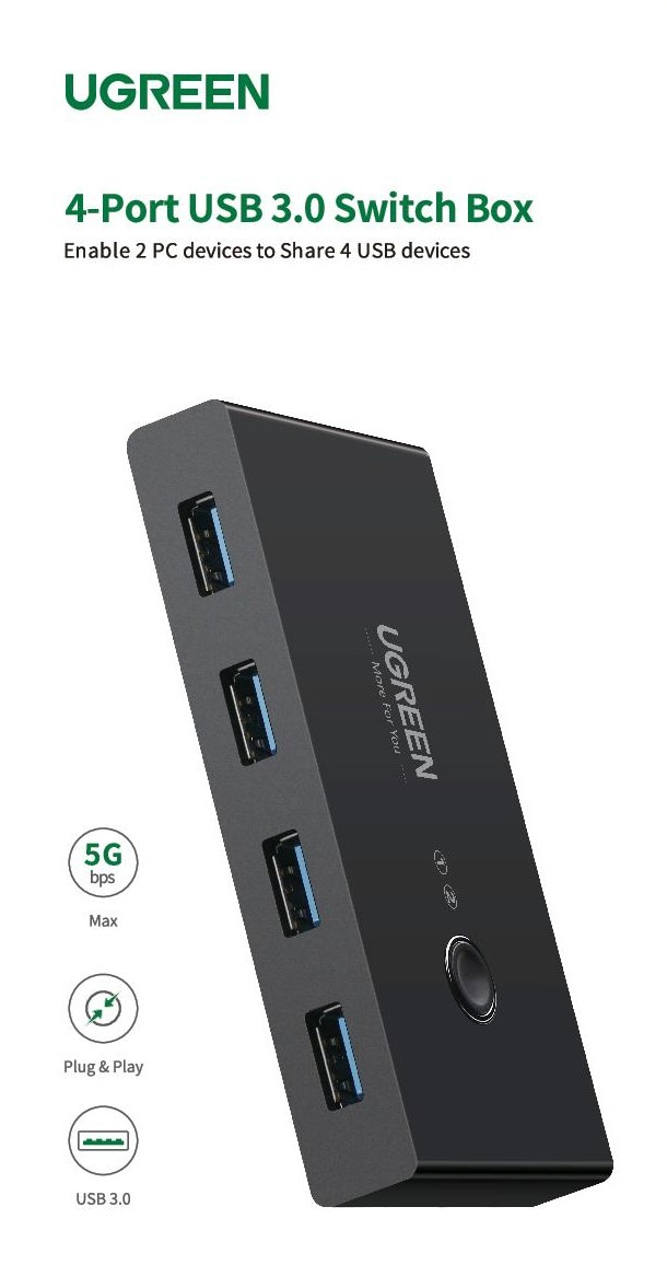 UGREEN 2x4 Sharing Switch Box 30768 USB 3.0 for 2 PCs,Black