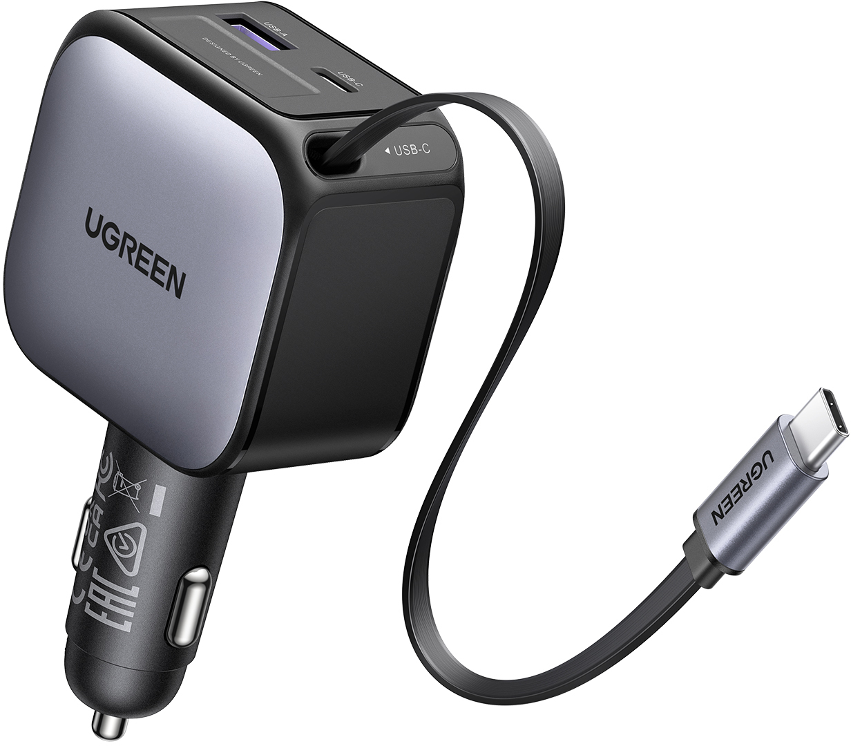 UGREEN Fast Car Charger 2-Port 60W 55212B Retractable Cable