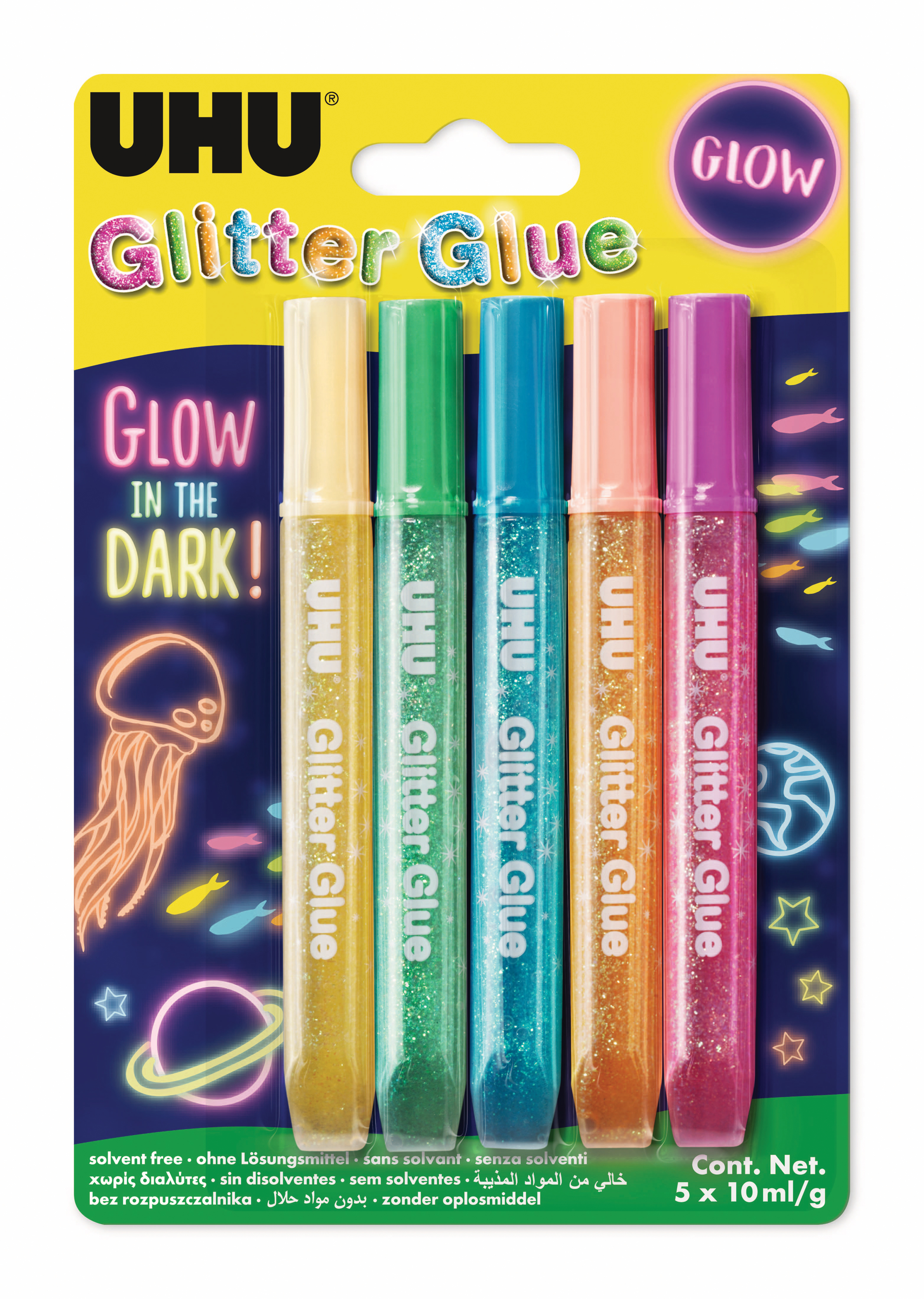 UHU Glitter Glue Glow 990362 5 couleurs