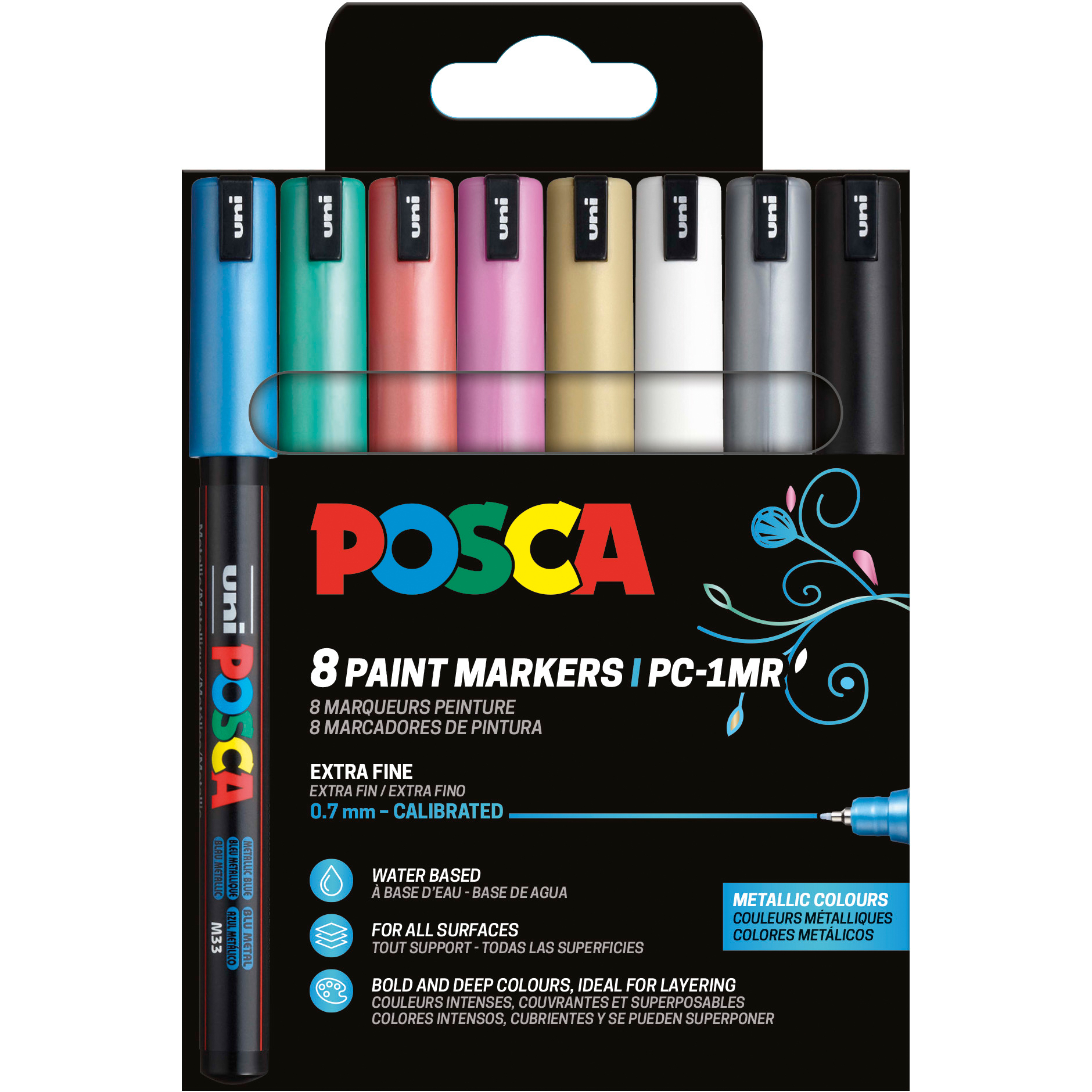 photo UNI-BALL Fineliner Posca 0.7mm PC-1MR 8P SE Metallic 8 couleurs