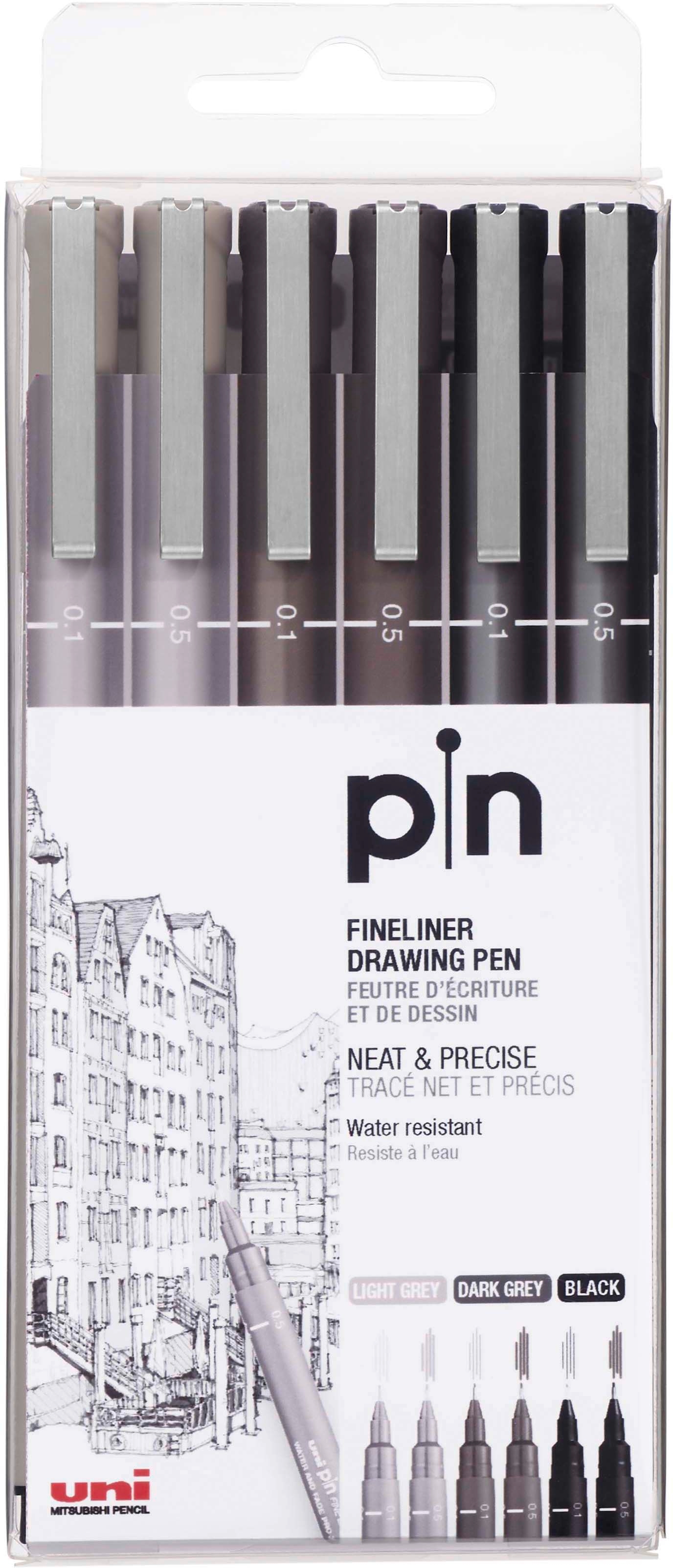 UNI-BALL Fineliner Pin 0.1/0.5mm PIN-200(S) Grey&Black 6P 3 coleurs 6 pcs.