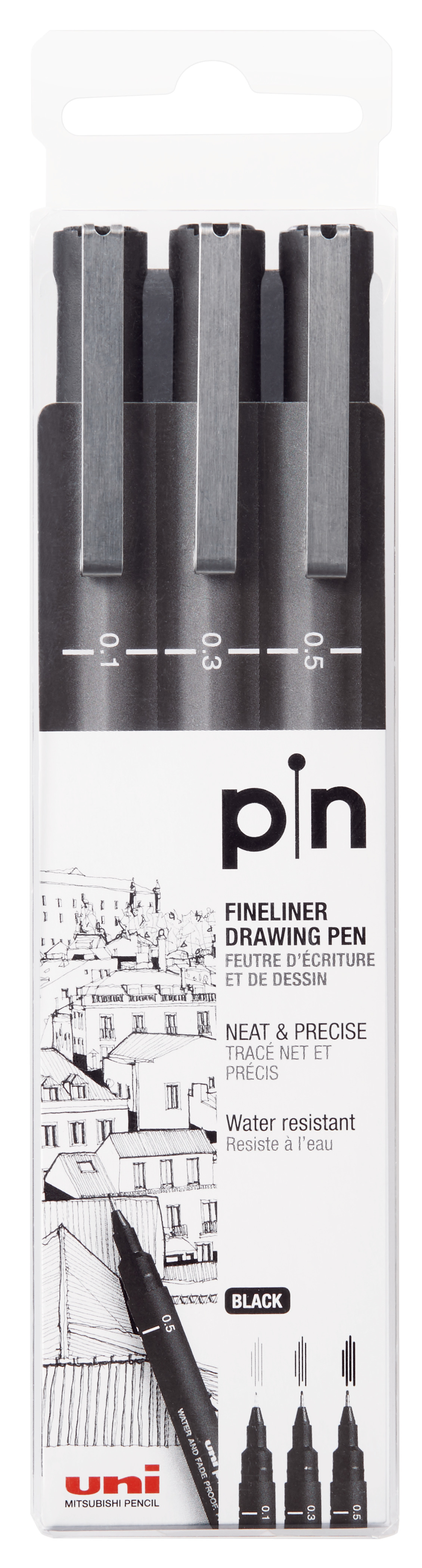 UNI-BALL Fineliner Pin 0.1-0.5mm PIN200(S) BLACK 3P noir noir