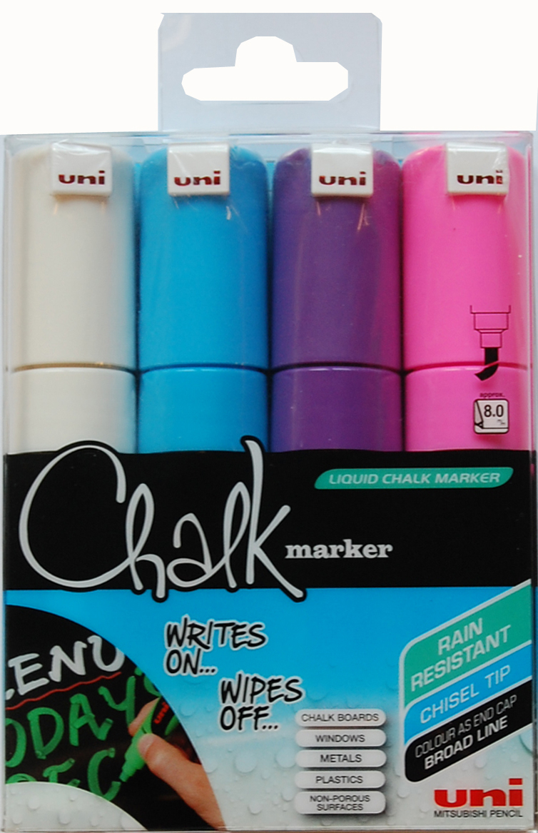 UNI-BALL Chalk Marker 8mm PWE8M.4C.2 4 couleurs, étui