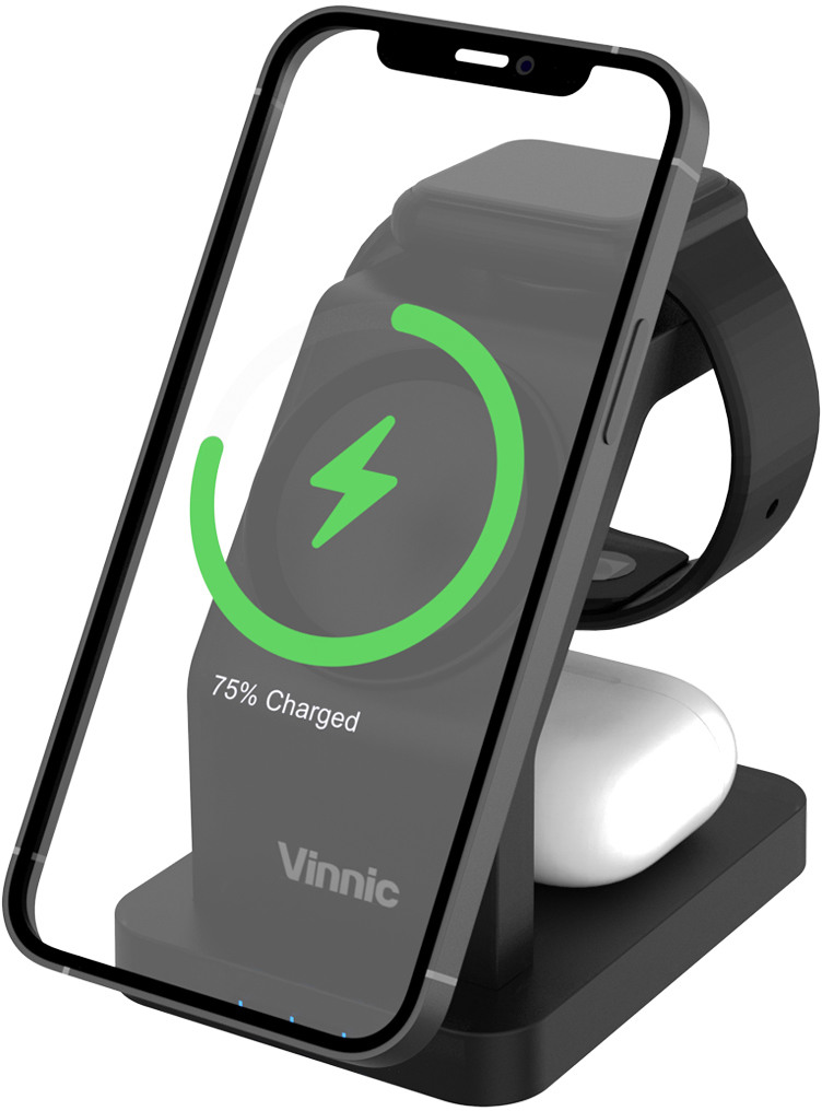 VINNIC 3-Iin-1 Wireless Charger Bl. VPPD-31WSCBK iPhone,AirPods&Apple Watch