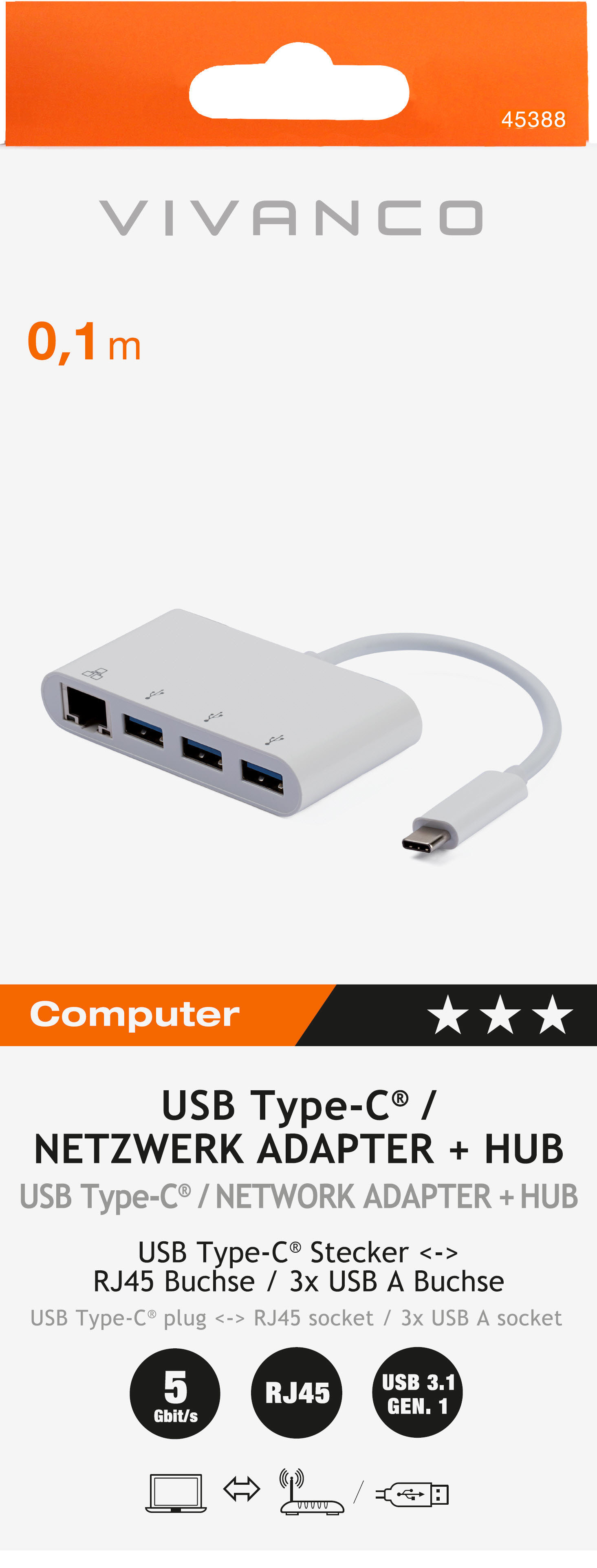 VIVANCO Hub USB-C - RJ45, 3x USB 3.1 45388