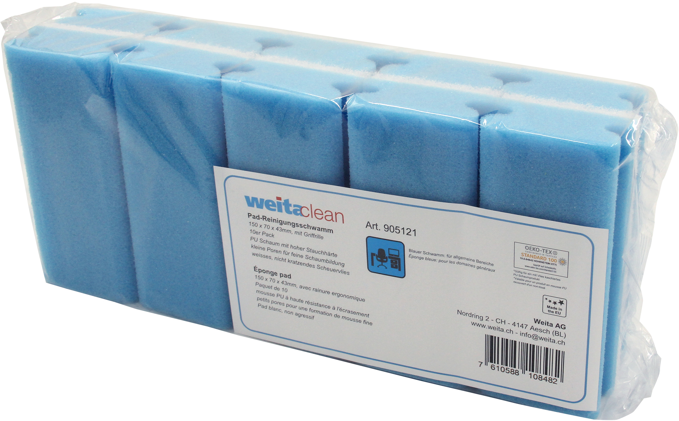 photo WEITACLEAN Éponge pad 150x70x43mm 5028024 bleu, sans rayures 10 pièces